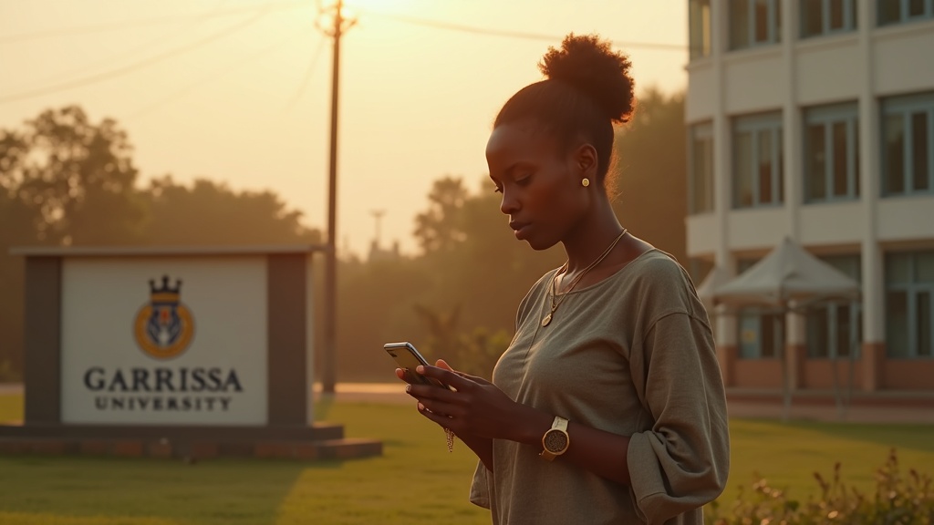 Young professional using mobile phone near Garissa University campus