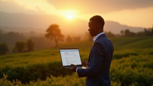 Black Kenyan entrepreneur holding a laptop with SEO dashboard, tea plantation background in Kericho