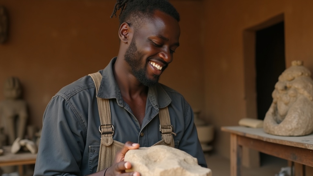 Tabaka soapstone carver holding a sculpture, SEO optimized online presence