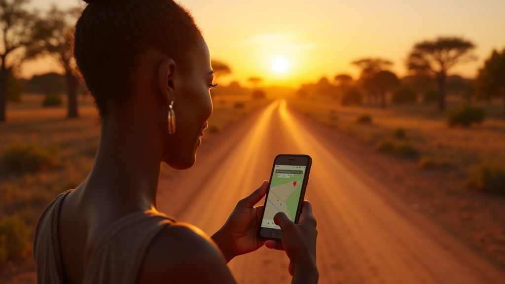 Black Kenyan woman in Taita-Taveta using smartphone for local search near Tsavo