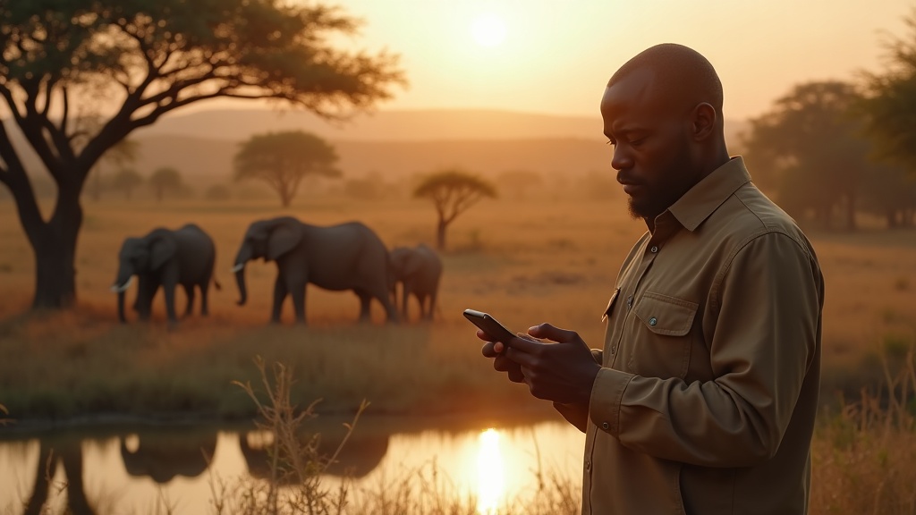 Black Kenyan hotel manager in Tsavo West checking booking confirmation on phone