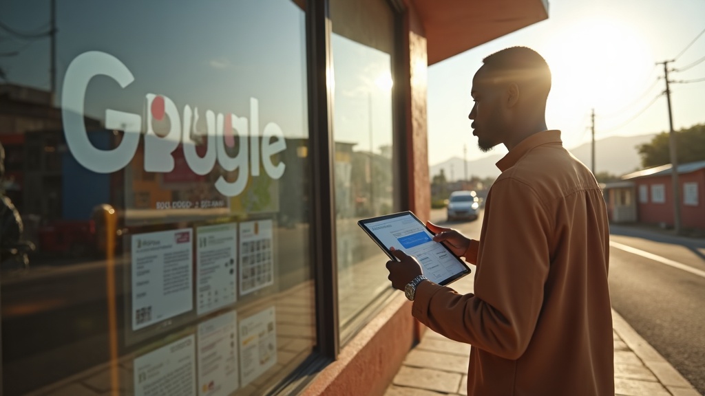 Black Kenyan SEO expert optimizing a Google Business Profile for a Voi business with tablet