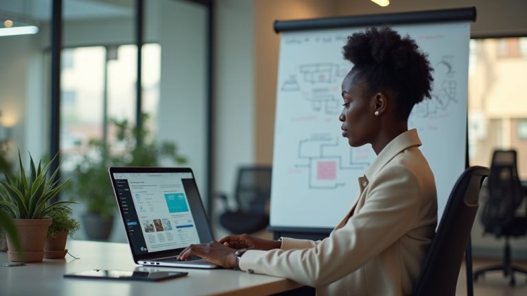 Website Design Cost in Machakos: 2026 Pricing Guide for Kenyan Businesses. 15 Black Kenyan woman reviewing website design on laptop in Machakos office