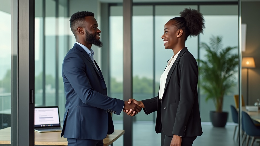Black Kenyan business owner shaking hands with web designer after agreeing on website design cost in Nairobi