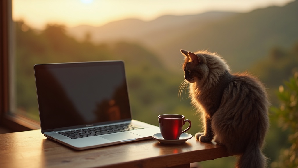 Laptop with Kenyan tea cup on desk overlooking Nandi Hills, representing digital business costs