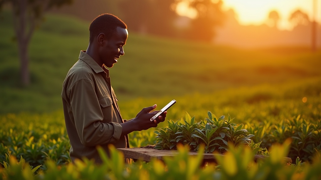 Black Kenyan farmer in Nandi smiling while using smartphone for M-Pesa payment on tea farm