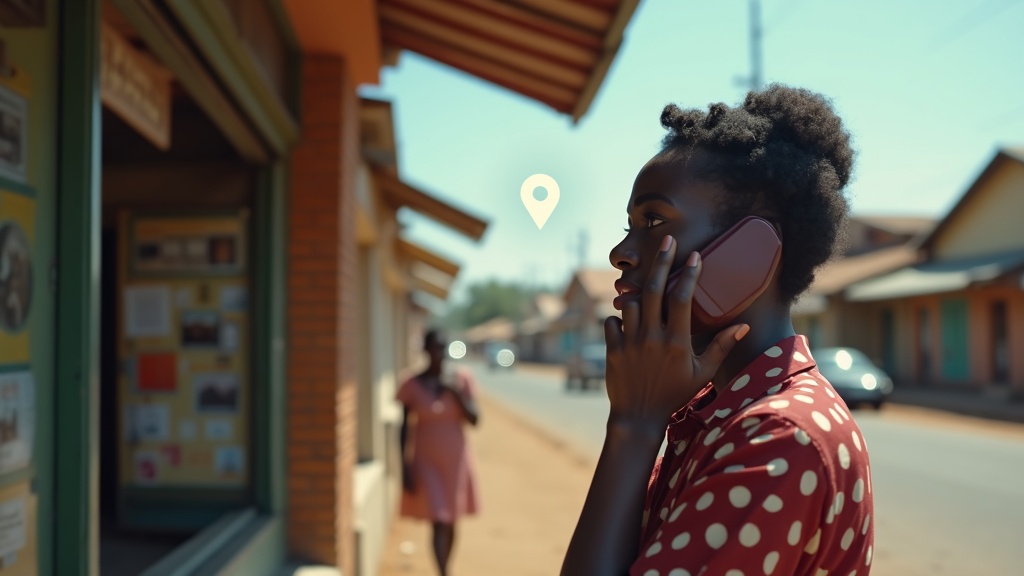Black Kenyan businesswoman using phone outside shop in Nandi, representing GBP optimization for local search