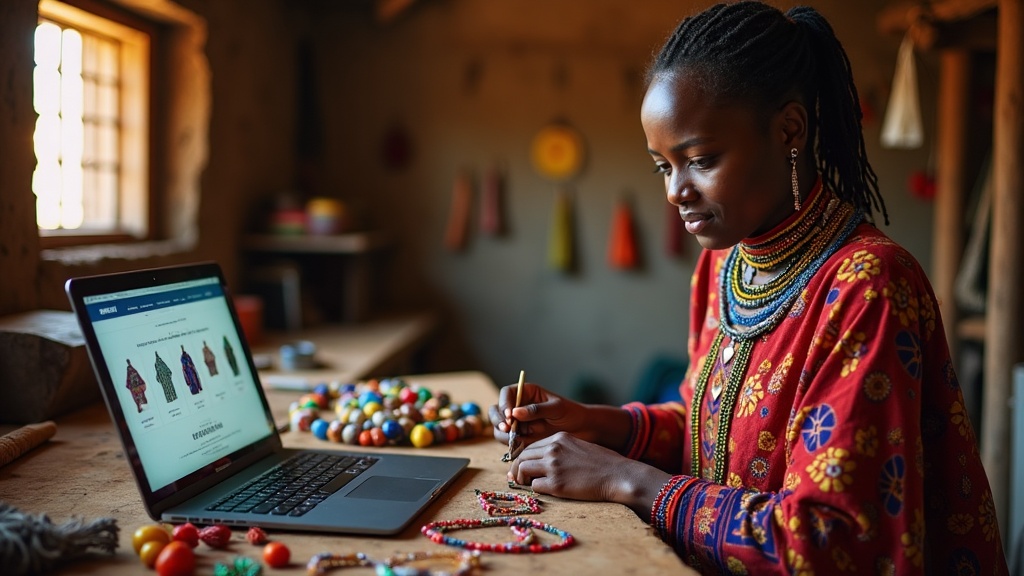 Maasai artisan with laptop showing e-commerce website