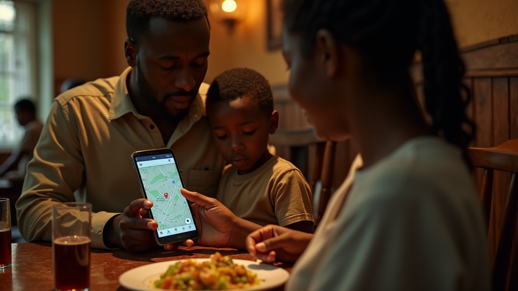 Kenyan family at Voi restaurant using Google Maps to find the place, illustrating local SEO importance